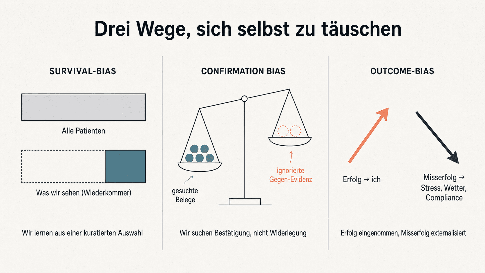 Drei Diagramme zu kognitiven Verzerrungen: Survival-Bias als Auswahl-Effekt, Confirmation-Bias als asymmetrische Waage, Outcome-Bias als gegensaetzliche Pfeile.