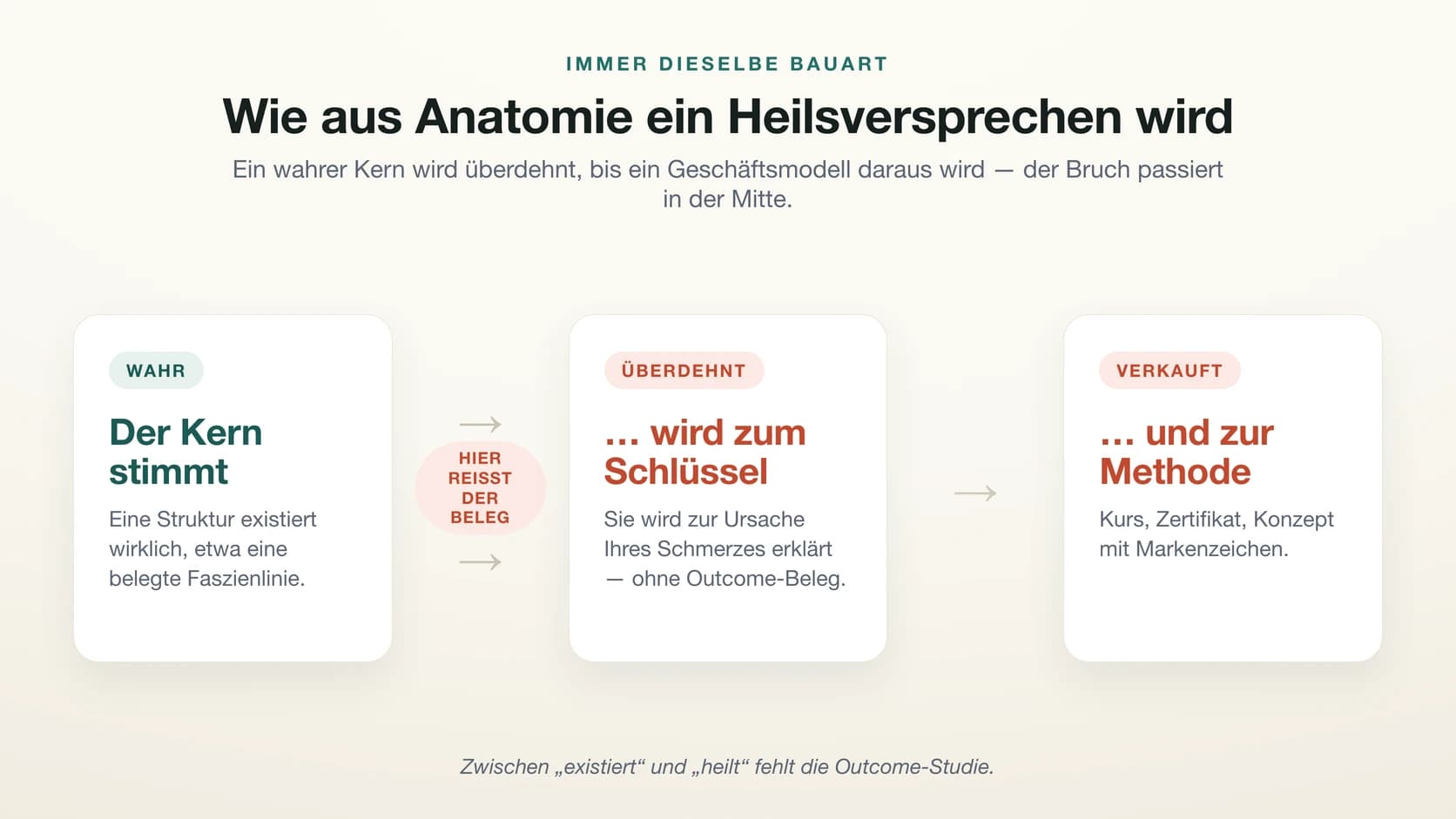 Dreistufiger Ablauf, wie aus Anatomie ein Heilsversprechen wird: Ein wahrer anatomischer Kern (eine belegte Struktur) wird überdehnt zum vermeintlichen Schlüssel für den Schmerz und schließlich als Kurs oder Methode mit Markenzeichen verkauft. Zwischen dem ersten und zweiten Schritt reißt die Kette der Belege.
