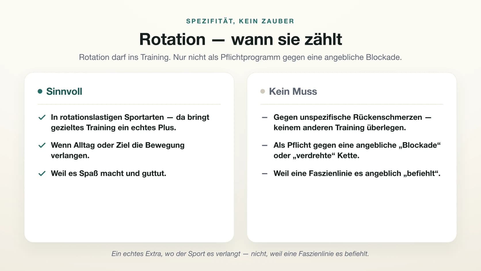 Gegenüberstellung, wann Rotationstraining sinnvoll ist und wann nicht: sinnvoll in rotationslastigen Sportarten, wenn Alltag oder Ziel es verlangen und weil es Spaß macht — kein Muss gegen unspezifische Rückenschmerzen, als Pflicht gegen eine angebliche Blockade oder weil eine Faszienlinie es angeblich verlangt.