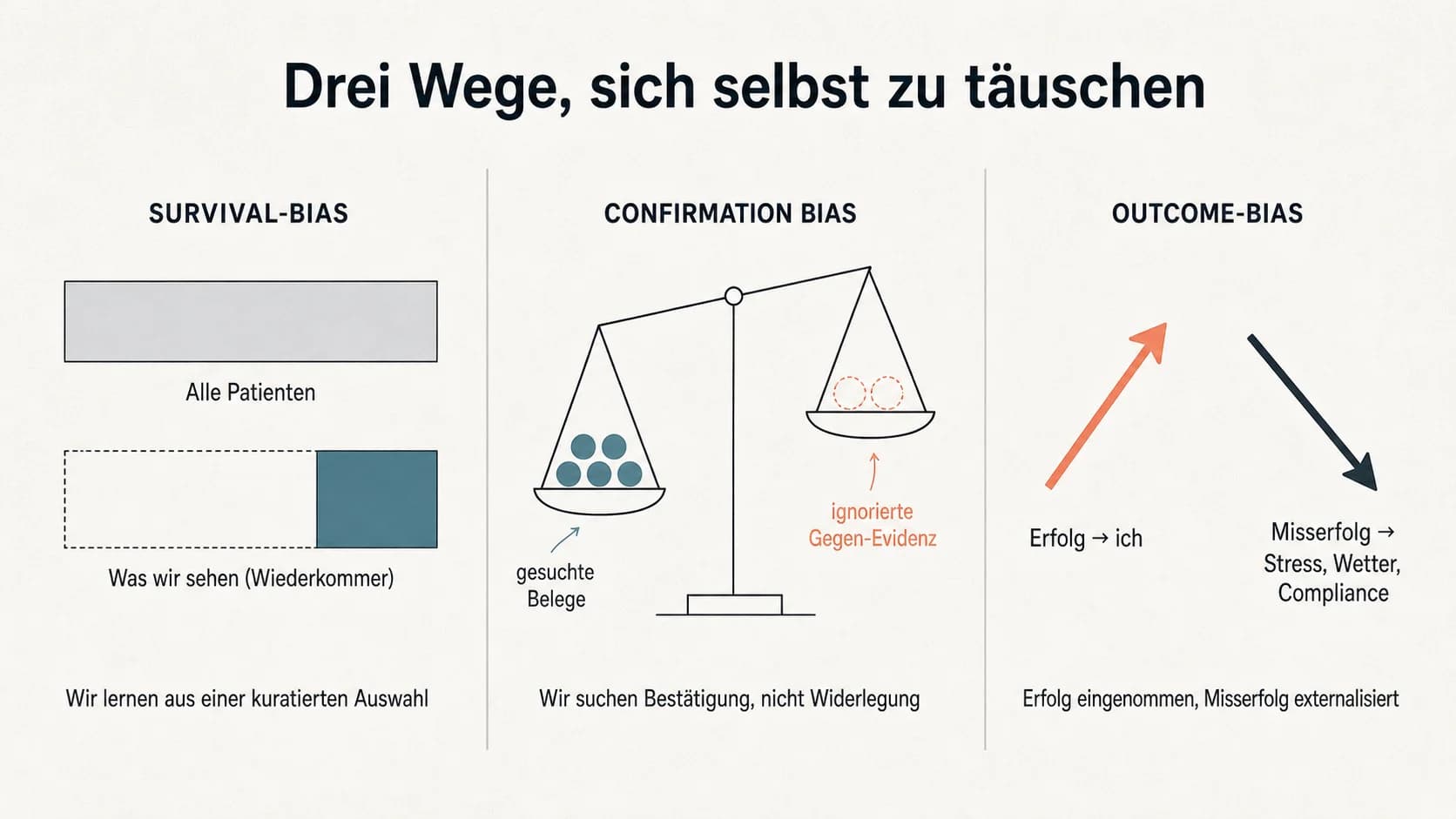 Drei Diagramme zu kognitiven Verzerrungen: Survival-Bias als Auswahl-Effekt, Confirmation-Bias als asymmetrische Waage, Outcome-Bias als gegensaetzliche Pfeile.