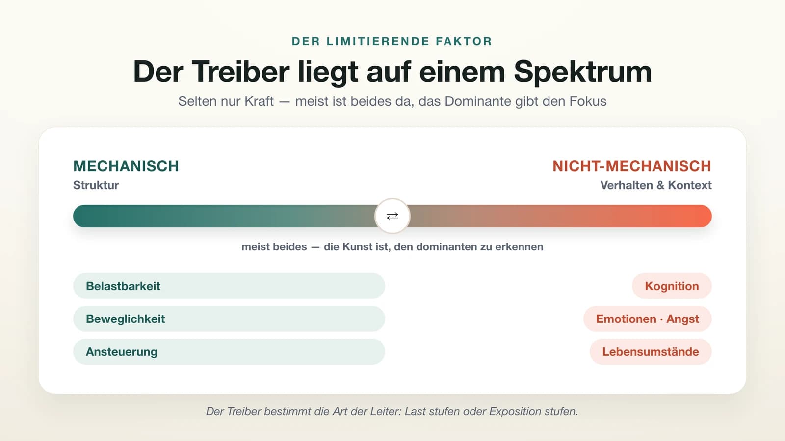 Horizontales Spektrum von mechanischen Treibern links (Belastbarkeit, Beweglichkeit, Ansteuerung) zu nicht-mechanischen Treibern rechts (Kognition, Emotionen, Lebensumstände). In der Mitte der überlappende Bereich, in dem beides zusammen auftritt. Der dominante Treiber bestimmt die Art der Leiter.